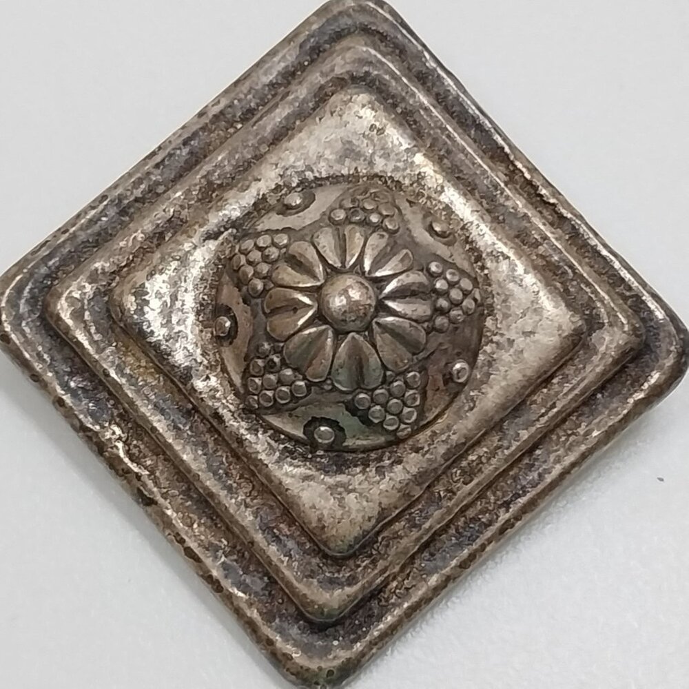 Vintage Floral Silver-Toned Square Brooch Pin With Textured Distressed Design